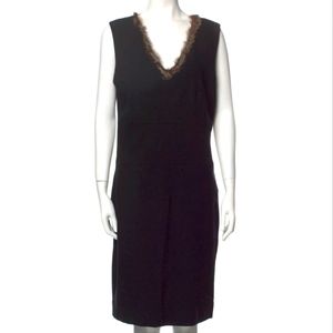 DIANE VON FURSTENBERG DVF Black Wool Blend Rabbit Fur Trimming Knee Lengt Dress